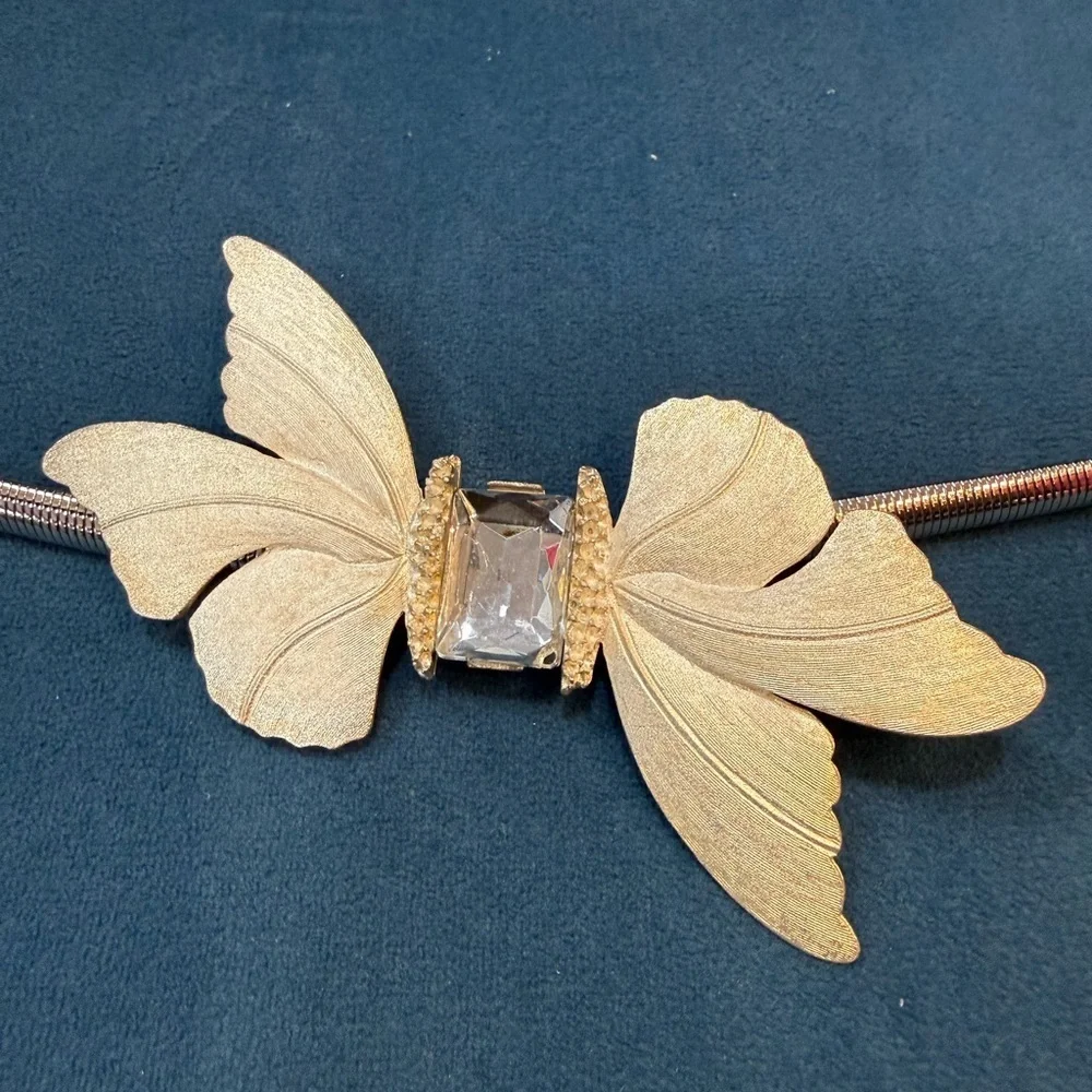 Silver Tone Butterfly Stretch Belt w Crystal Center | 27”